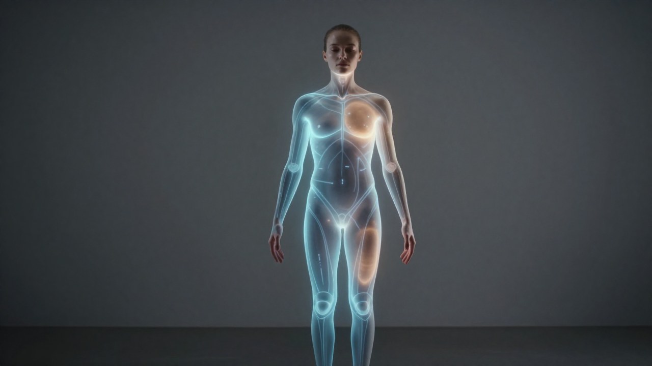 Una persona en un espacio minimalista con una superposición de luz que marca los contornos anatómicos de su cuerpo.