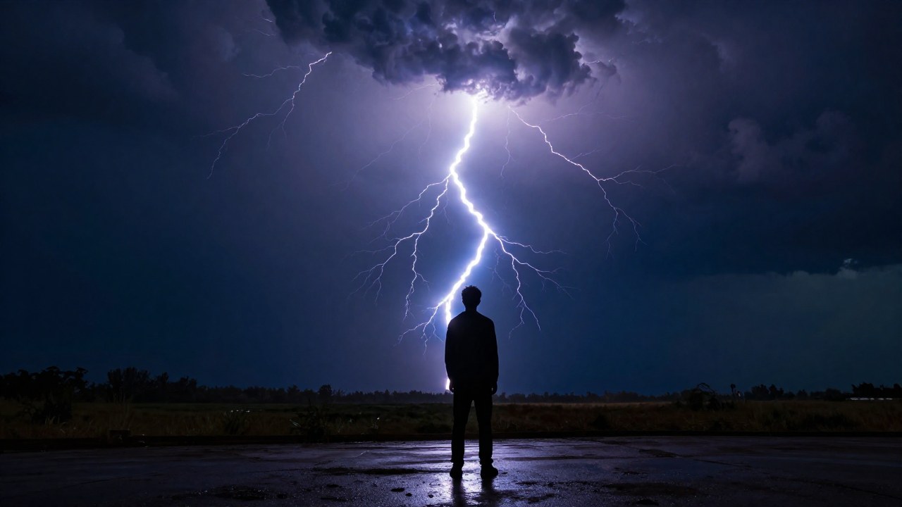 Figura solitaria bajo un cielo de tormenta mientras un rayo de relámpago ilumina la escena.