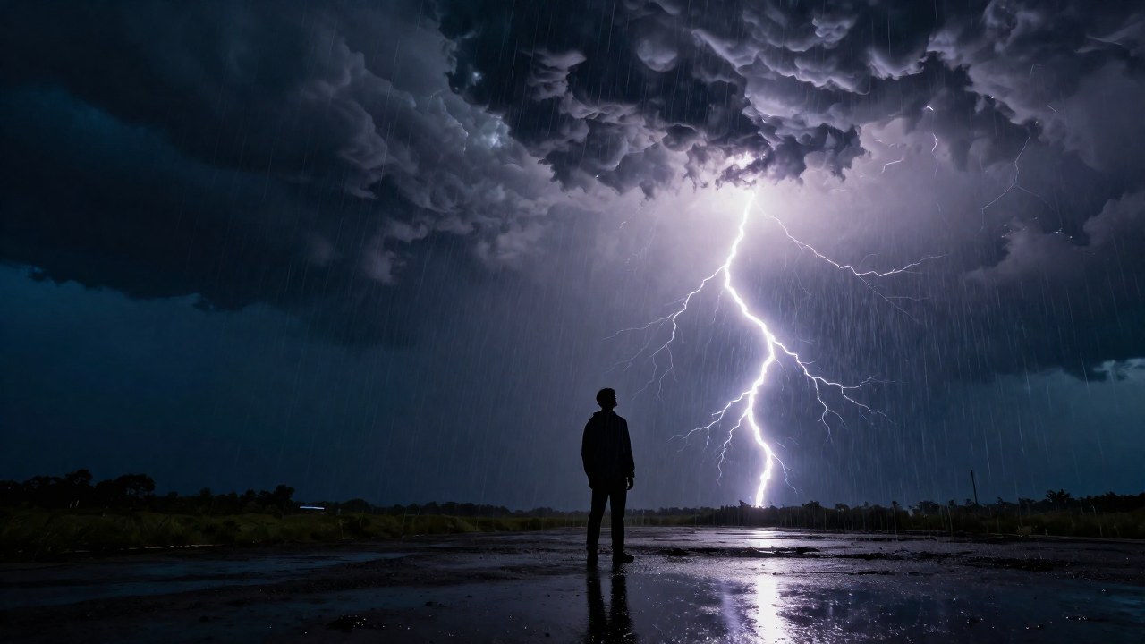 Figura solitaria de pie en un paisaje vasto bajo una intensa tormenta con relámpagos.