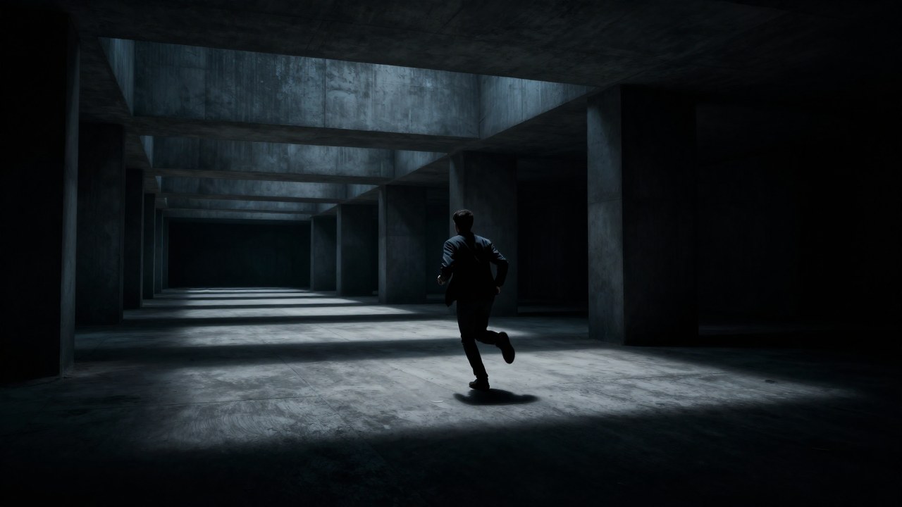 Una figura solitaria huye por vastos corredores urbanos, envuelta en la sensación de persecución por las sombras.