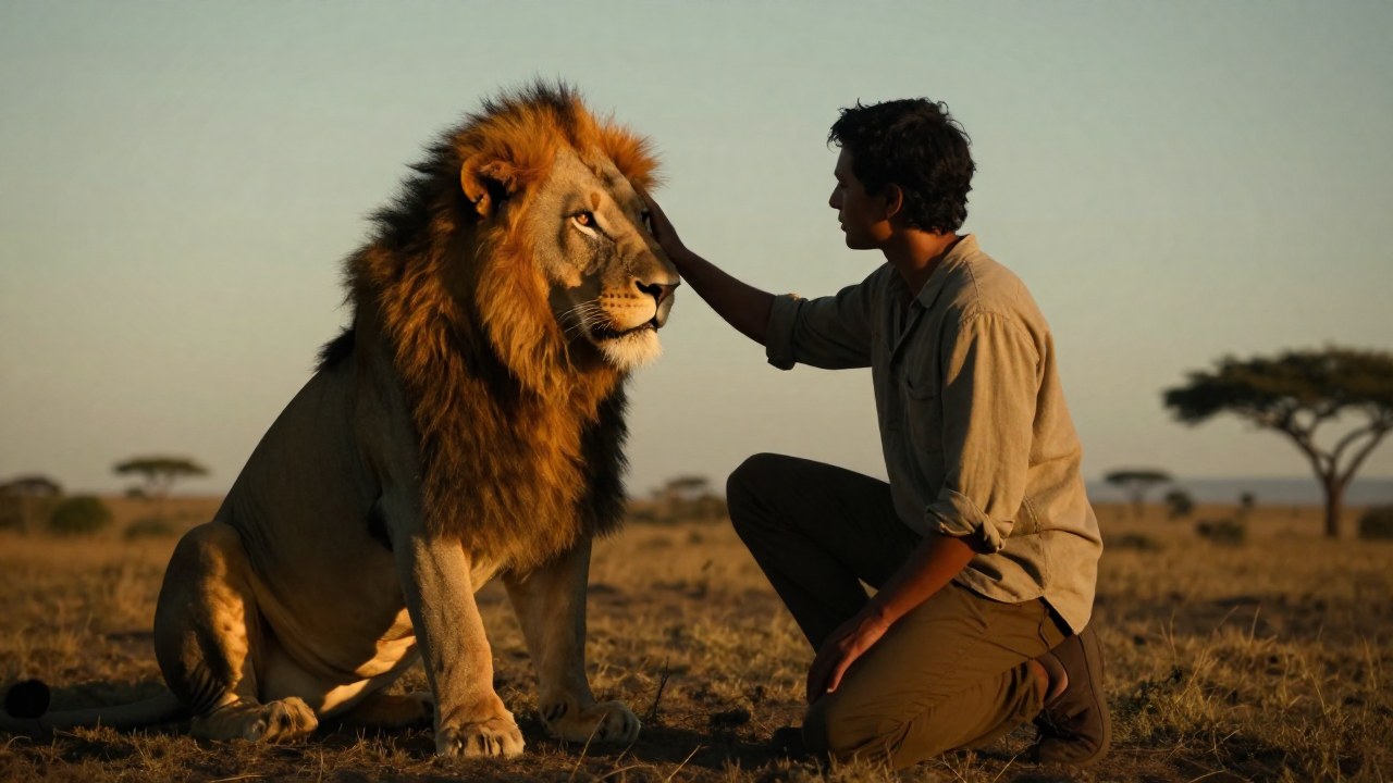 Una persona está arrodillada junto a un león macho amistoso, tocando su melena en la sabana.