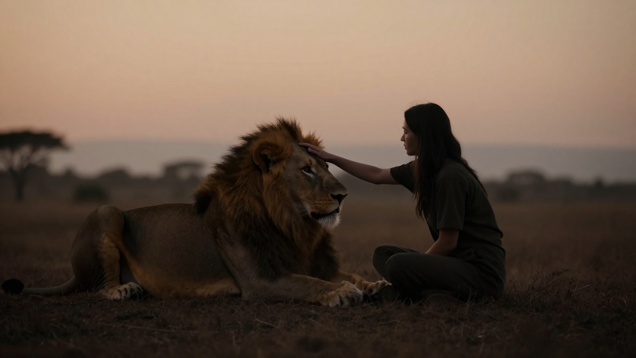 Una persona acaricia la cabeza de un león que reposa tranquilamente en un paisaje.