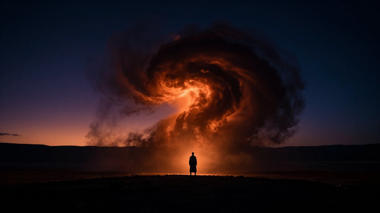 Una figura aislada en un paisaje desolado enfrenta una colosal masa de energía y sombras.