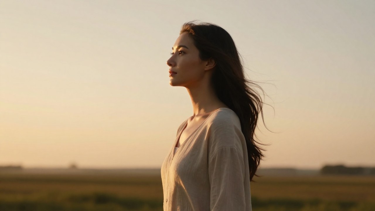 Madre joven contemplando el horizonte en un campo iluminado por el amanecer.