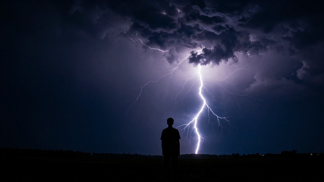 Silueta de una persona observando una tormenta nocturna cargada de relámpagos en un paisaje oscuro.