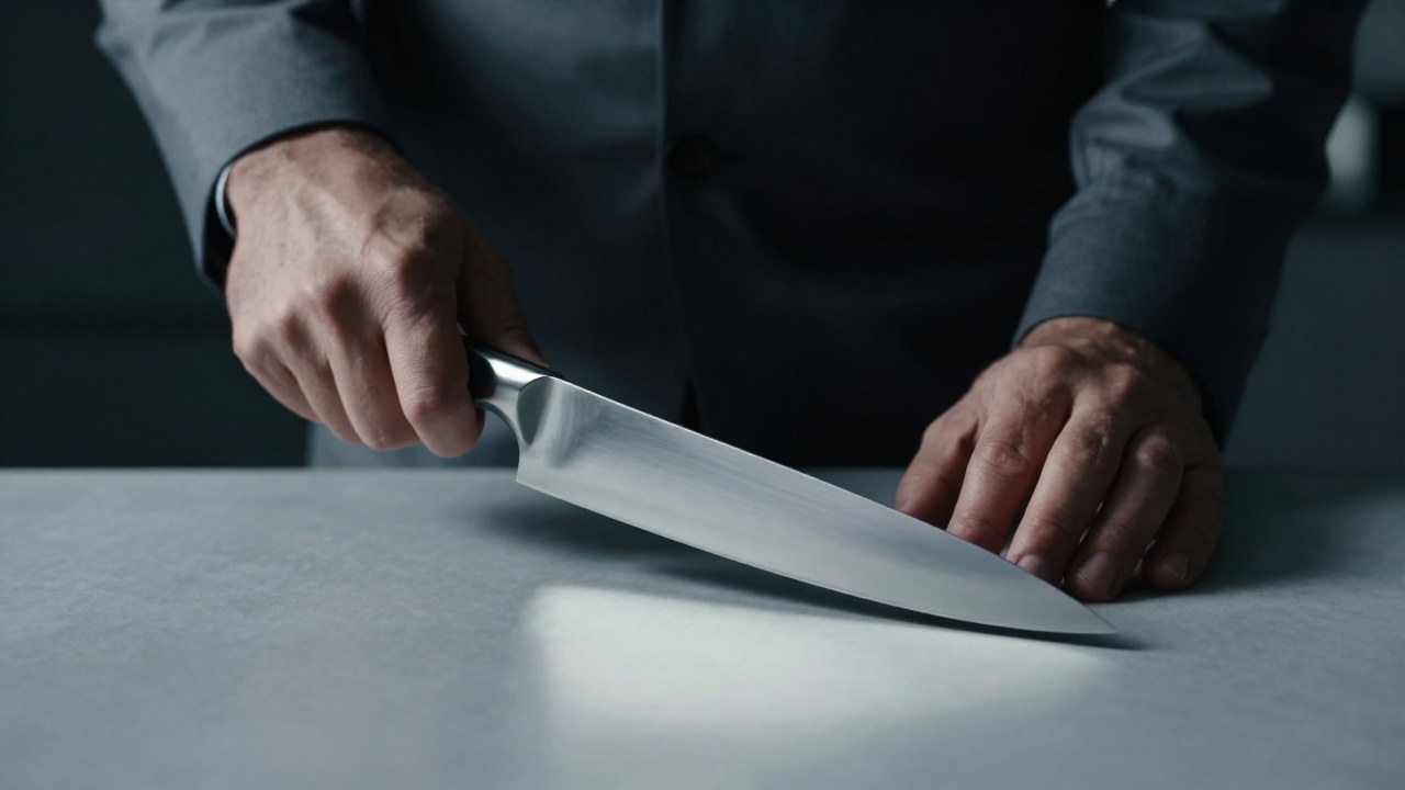 Una persona examina intensamente un cuchillo de chef pulido posicionado sobre una superficie lisa.