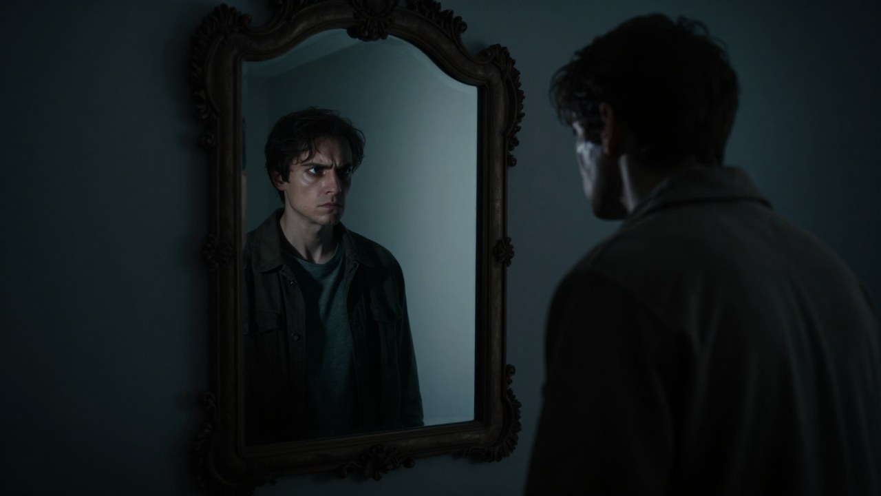 Un individuo se mira en un espejo antiguo; su reflejo es una versión antagónica y distorsionada.