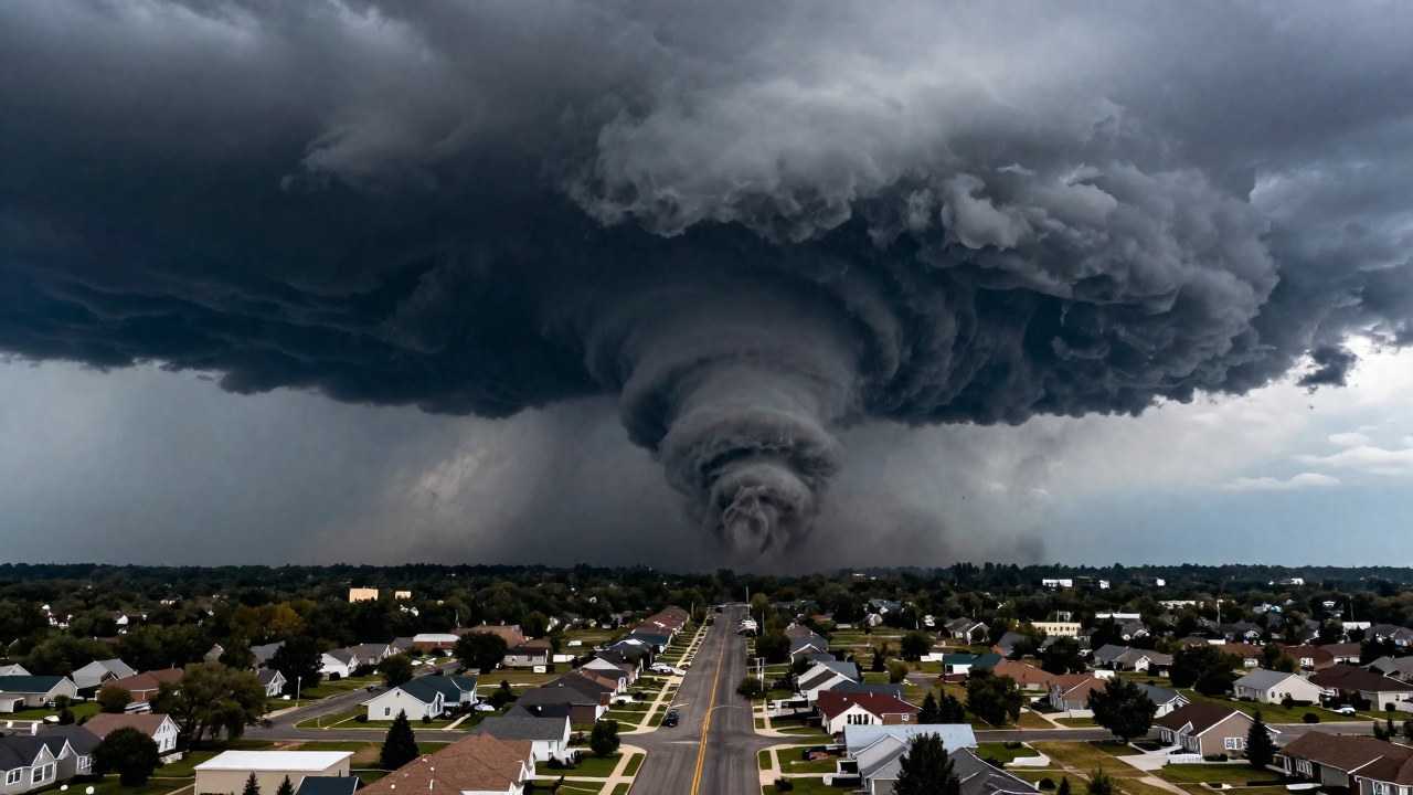 Un tornado masivo y oscuro se cierne sobre un paisaje urbano suburbano bajo un cielo tormentoso.