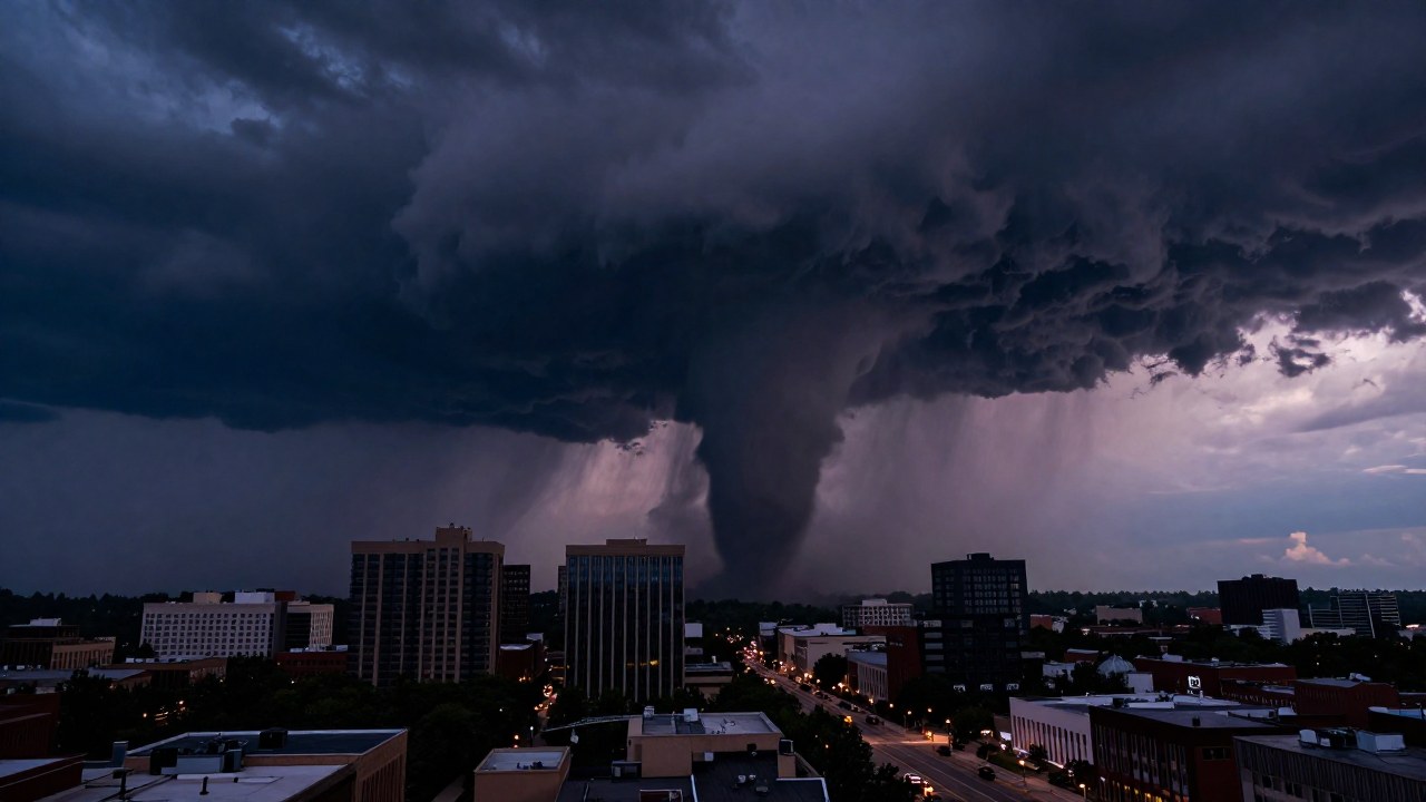 Tornado masivo desciende sobre las afueras de una moderna ciudad al atardecer.