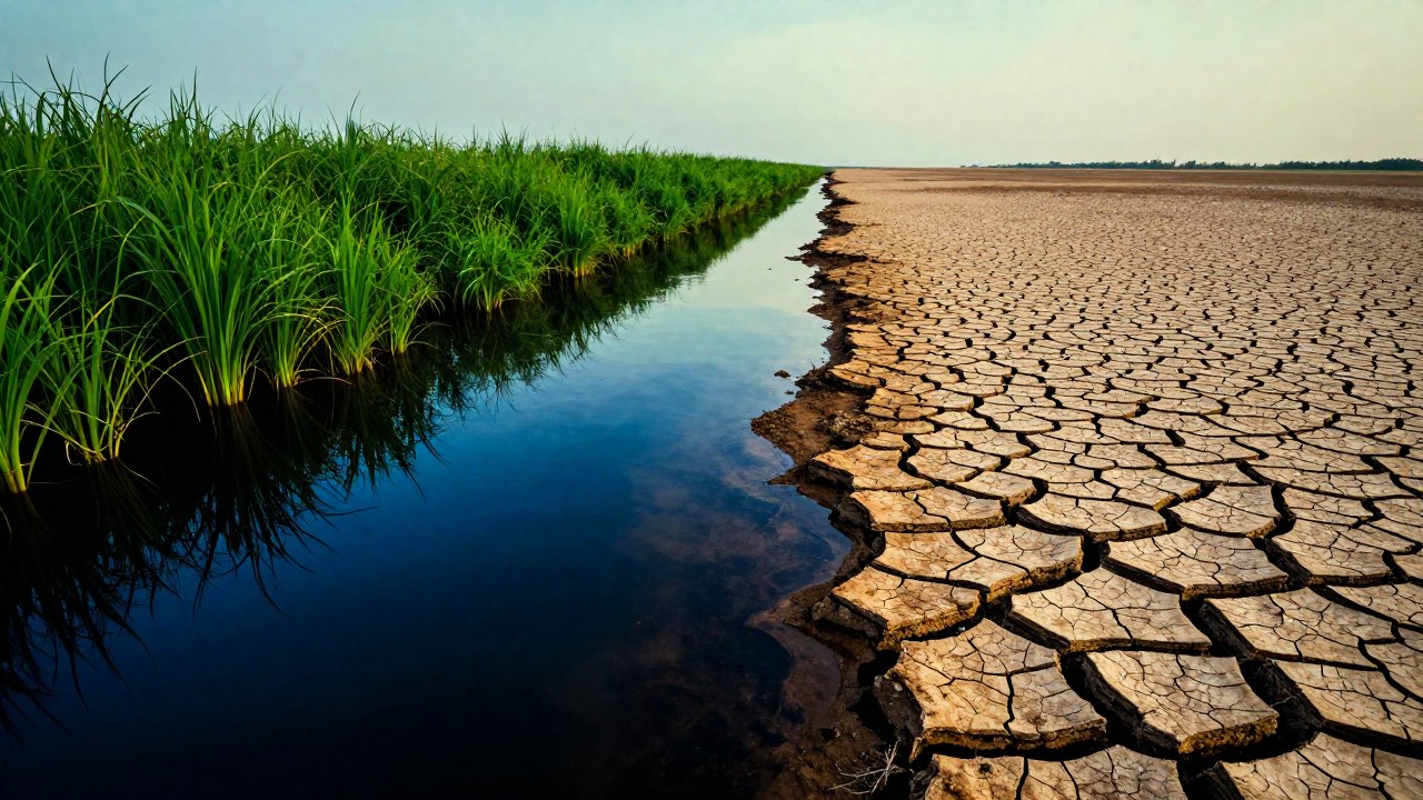Paisaje desértico dividido en dos: un lado muestra tierra fértil e inundada, y el otro, tierra agrietada por la sequía.