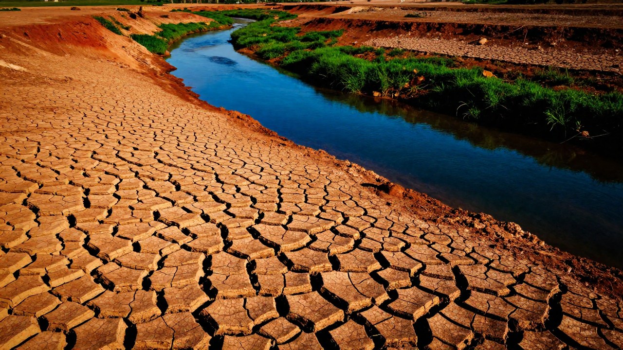Contraste entre tierra árida y agrietada que da paso a un río vital con vegetación verde.