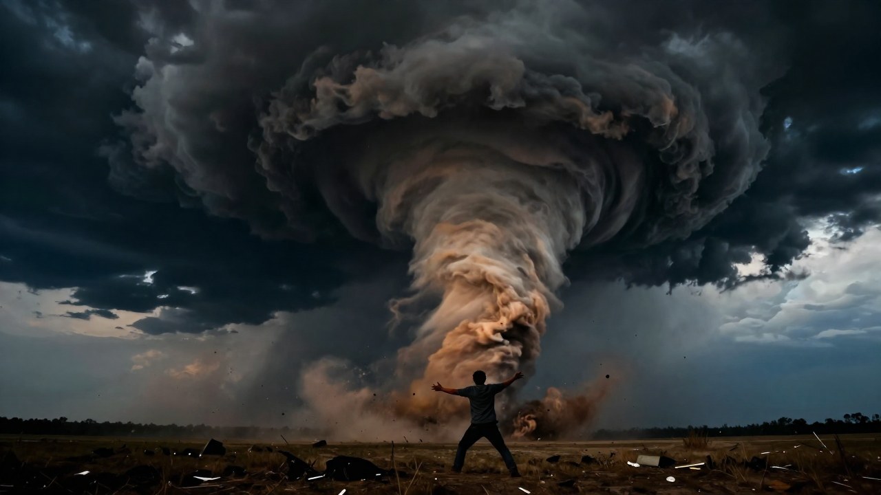 Figura solitaria bajo la fuerza de un enorme tornado sobre un paisaje desolado y árido.