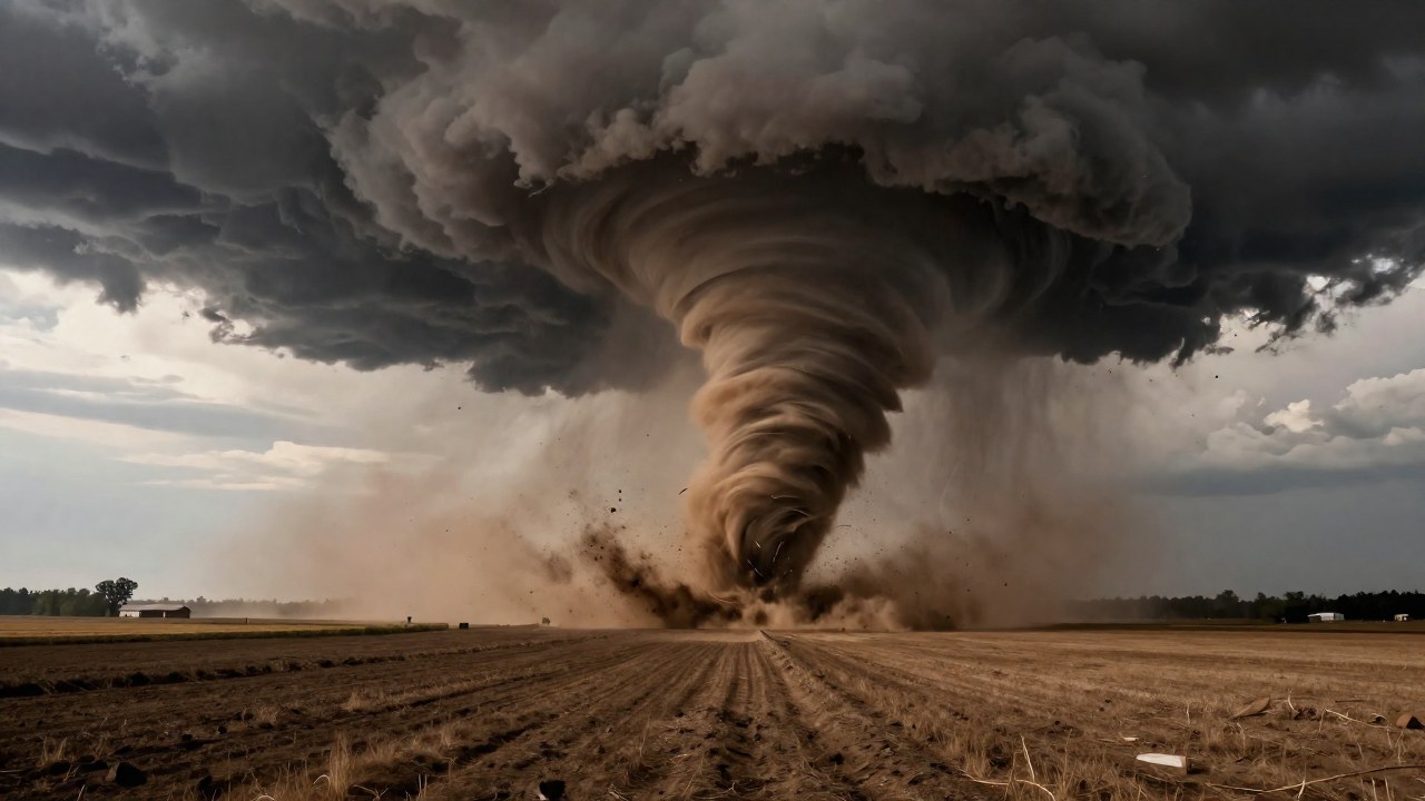 Tornado gigante devasta un paisaje agrícola desolado bajo cielos oscuros y turbulentos.