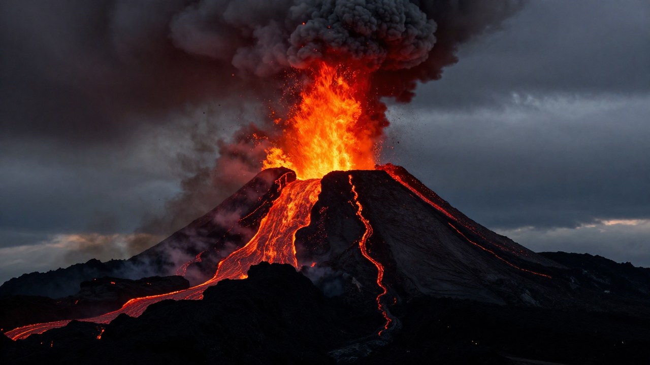 Volcán en erupción al anochecer, expulsando lava fundida y densa ceniza oscura.