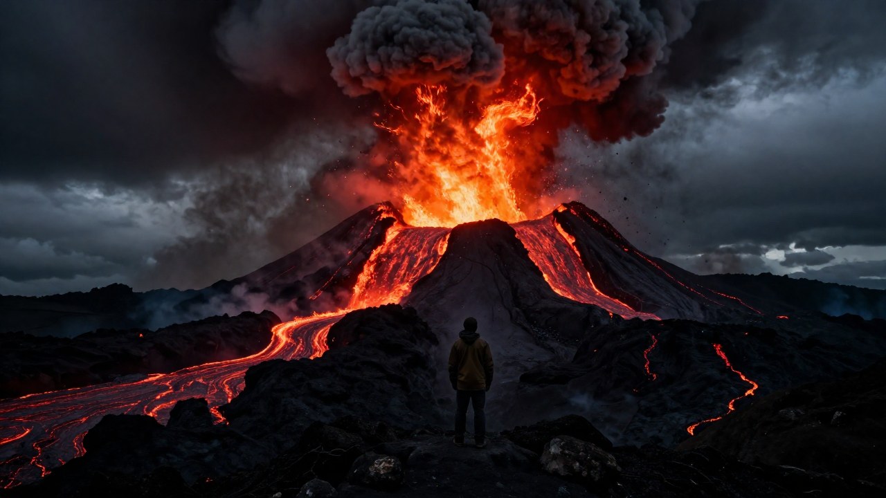 Figura solitaria contempla una erupción volcánica de lava y ceniza en un paisaje desolado.