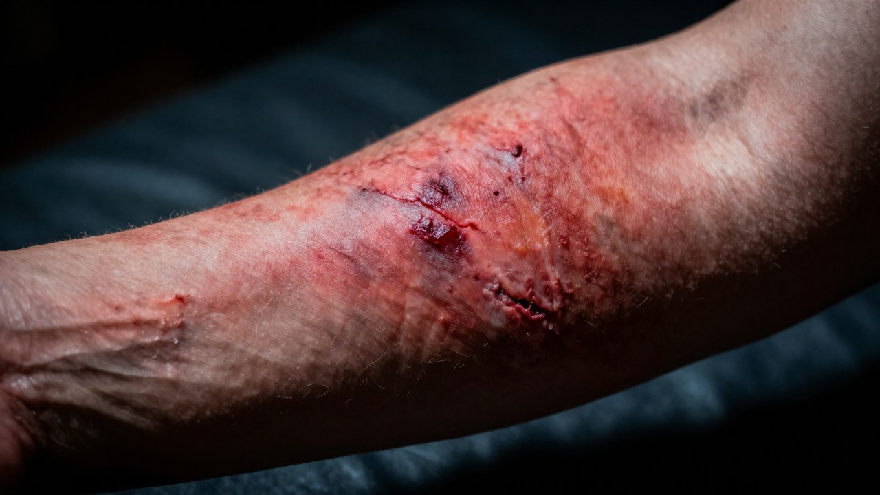 Primer plano de la piel de un antebrazo mostrando heridas abiertas e inflamación crónica.