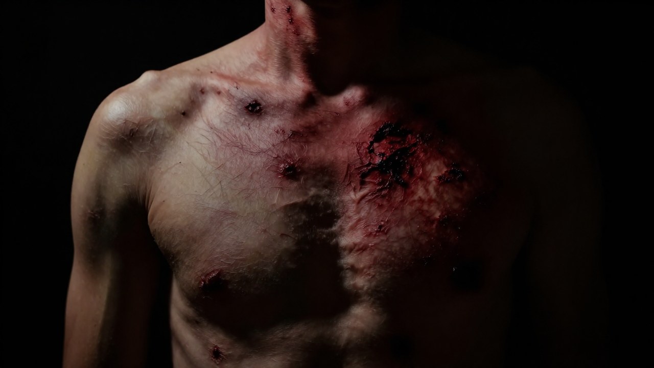 Primer plano de un torso con heridas simbólicas en la piel que representan angustia psicológica interna.