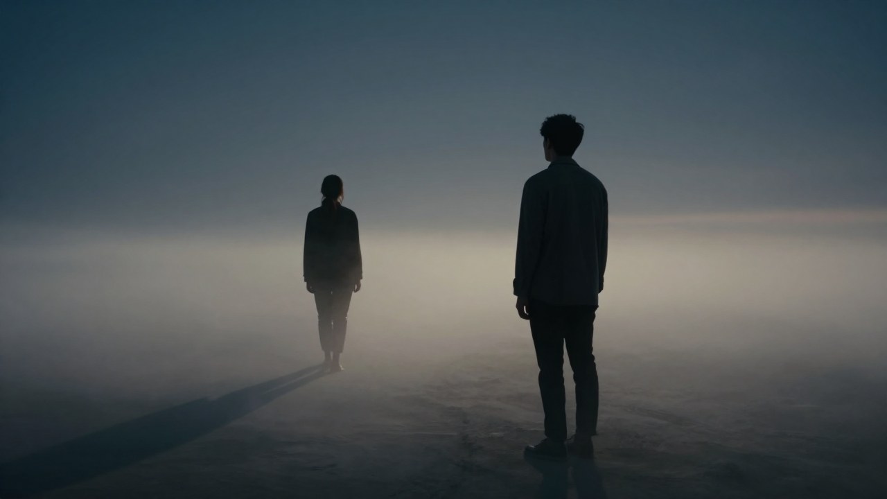 Una persona observa cómo la otra se aleja en un paisaje vasto y atmosférico, simbolizando el abandono.