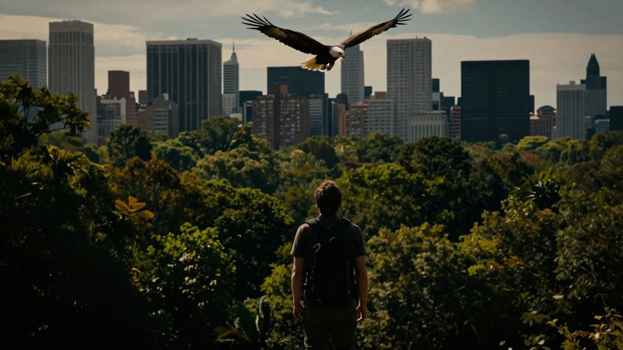 Figura humana en el borde del bosque, mirando un águila en vuelo sobre el paisaje urbano.