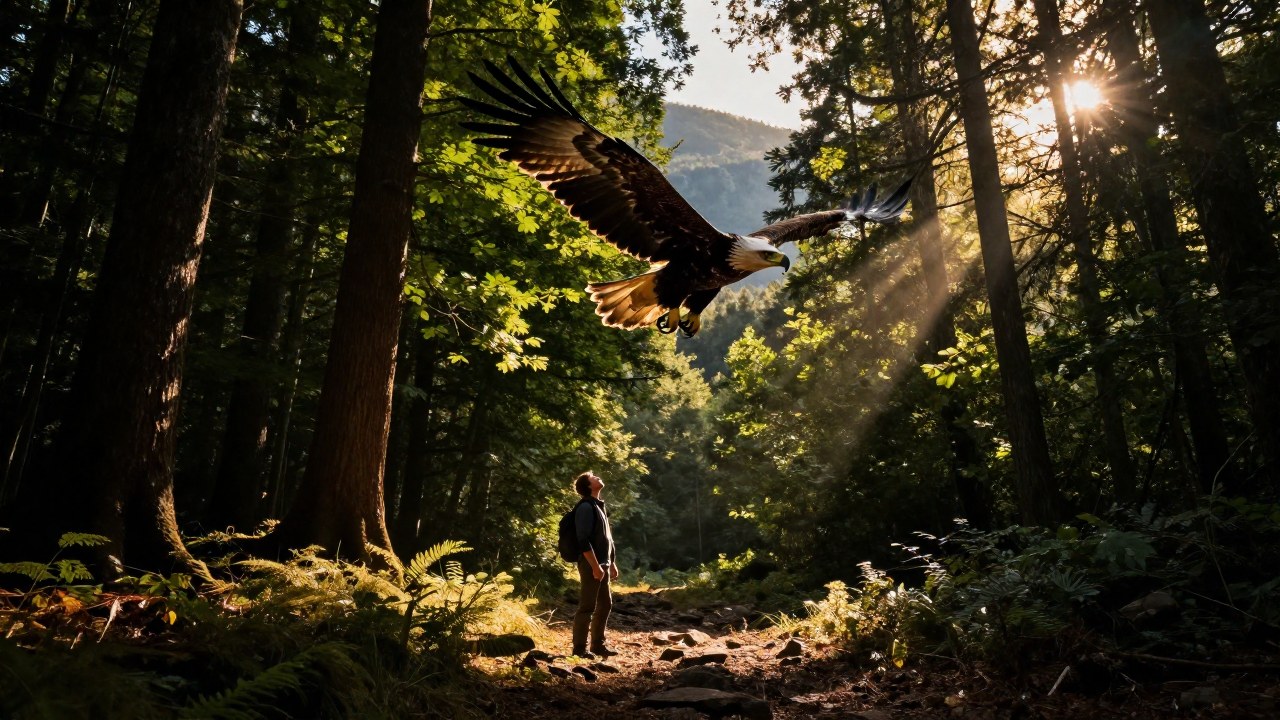 Figura en el bosque observando el vuelo de un águila majestuosa sobre el denso dosel.