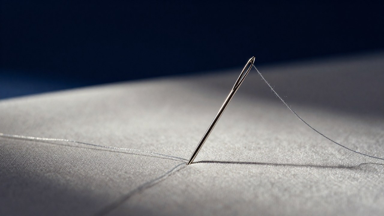 Aguja de coser plateada con hilo de seda, atraviesa suavemente una tela texturizada en un plano editorial.