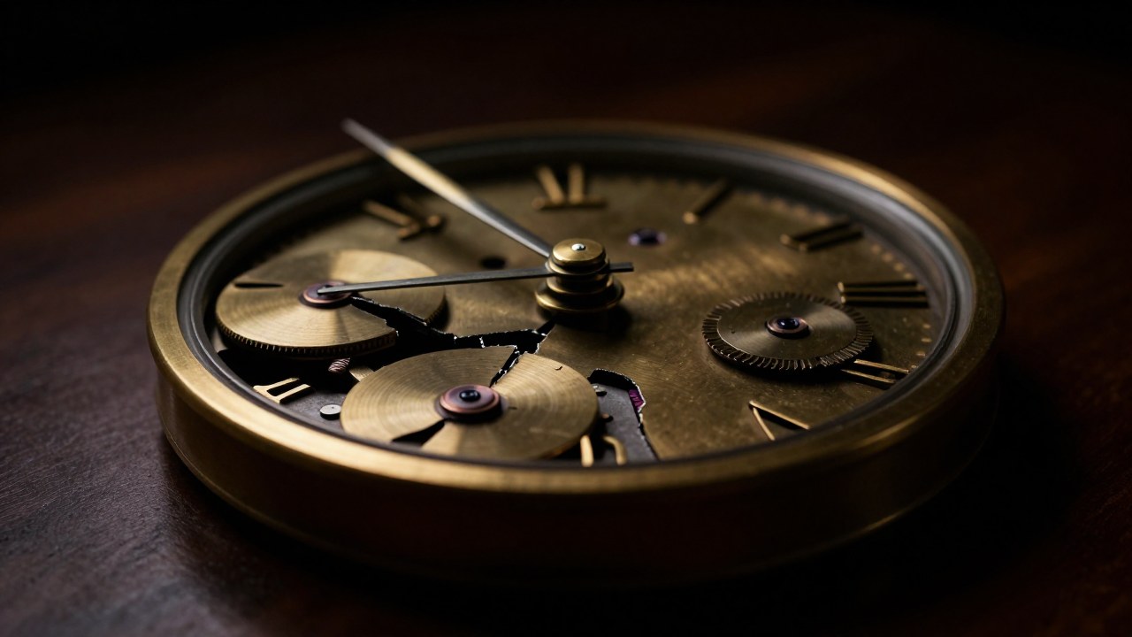 Mecanismo de reloj sofisticado con sus manecillas visiblemente fracturadas, sugiriendo la desarmonía o interrupción del tiempo.