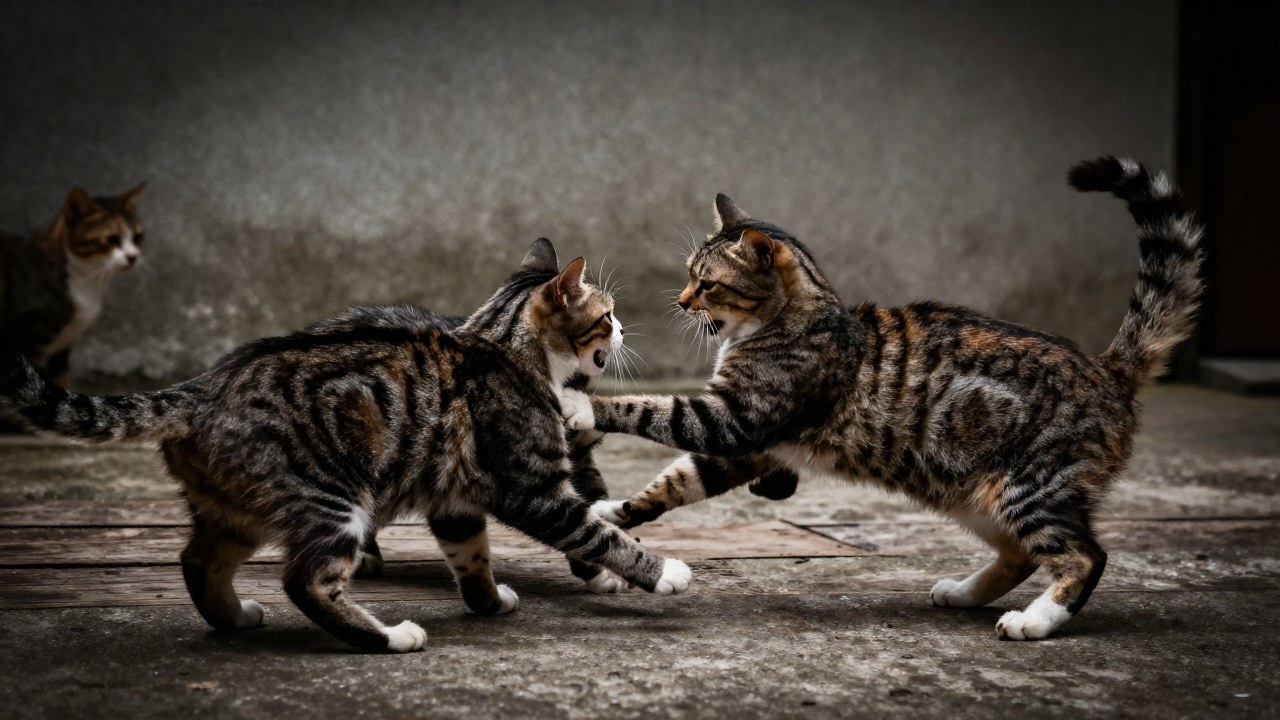Varios gatos enfrascados en un enfrentamiento agresivo en un entorno urbano al aire libre.