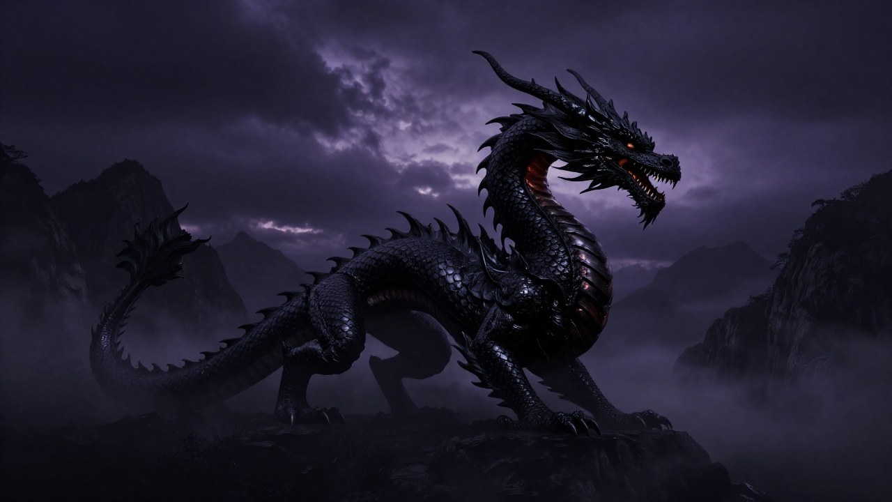 Dragón negro colosal en un entorno montañoso, simbolizando el poder y la transformación.