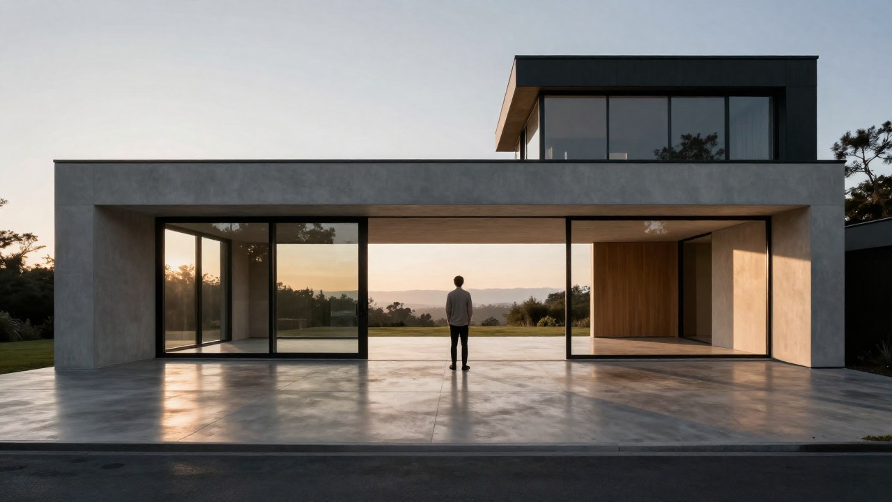 Figura solitaria en el vestíbulo minimalista de una casa moderna iluminada por la luz del amanecer.