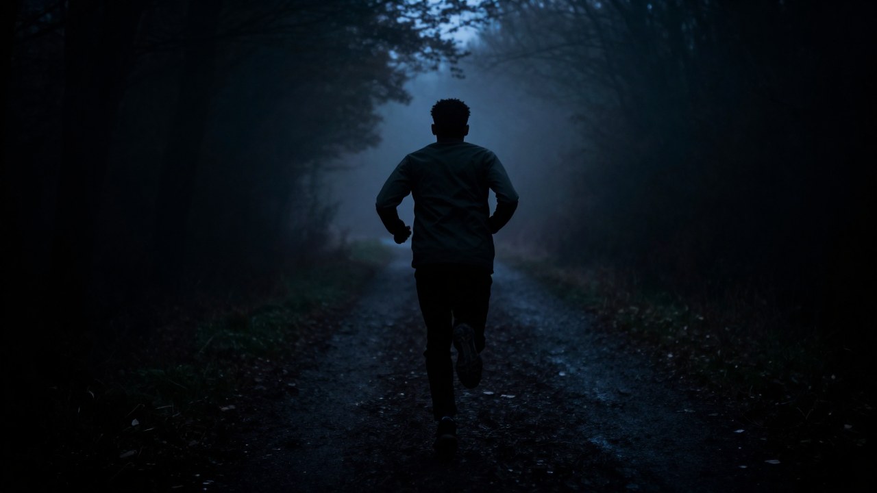 Personaje corriendo con desesperación en un entorno oscuro y brumoso, huyendo de una presencia invisible.