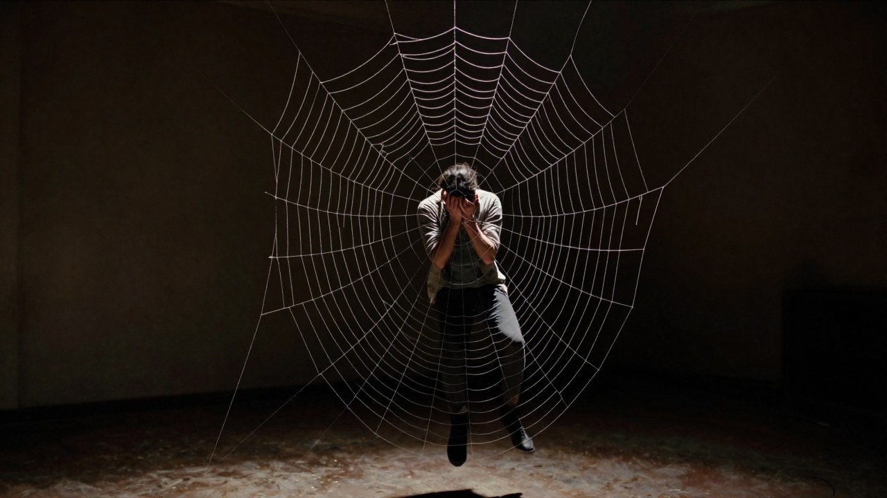 Figura solitaria suspendida y atrapada dentro de una intrincada telaraña, sugiriendo contención y profunda reflexión.
