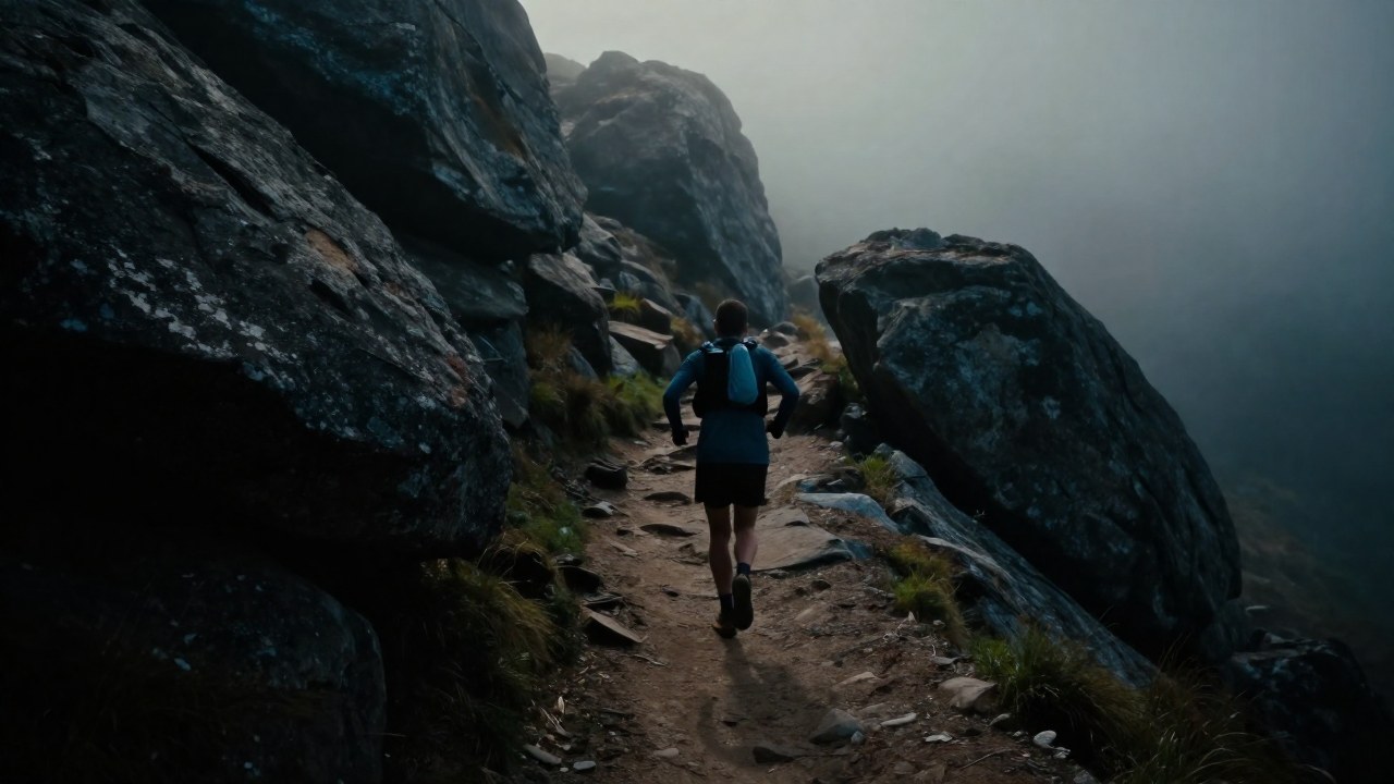 Corredor solitario ascendiendo por un sendero montañoso y escarpado en la niebla.