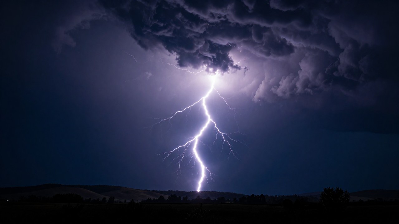 Un relámpago brillante atraviesa un cielo de tormenta sobre un vasto paisaje natural.