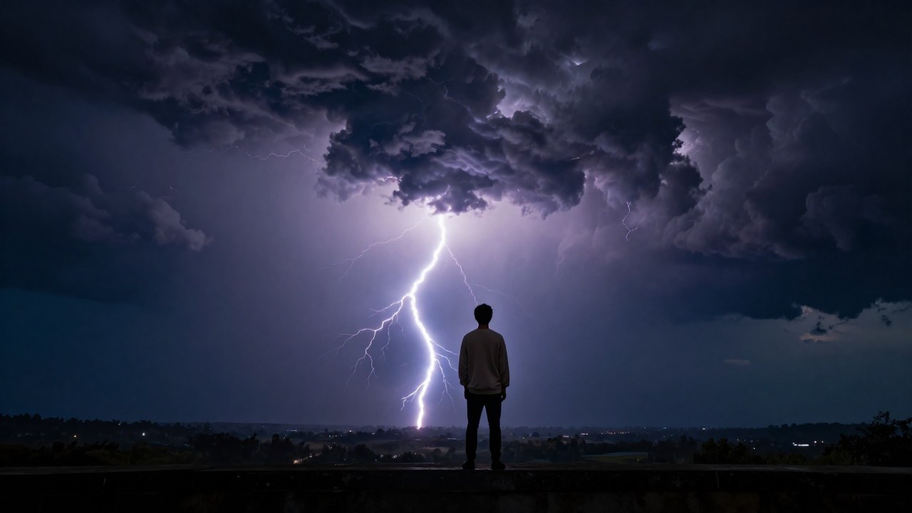 Una figura solitaria en un mirador observa una poderosa tormenta eléctrica con relámpagos en la distancia.