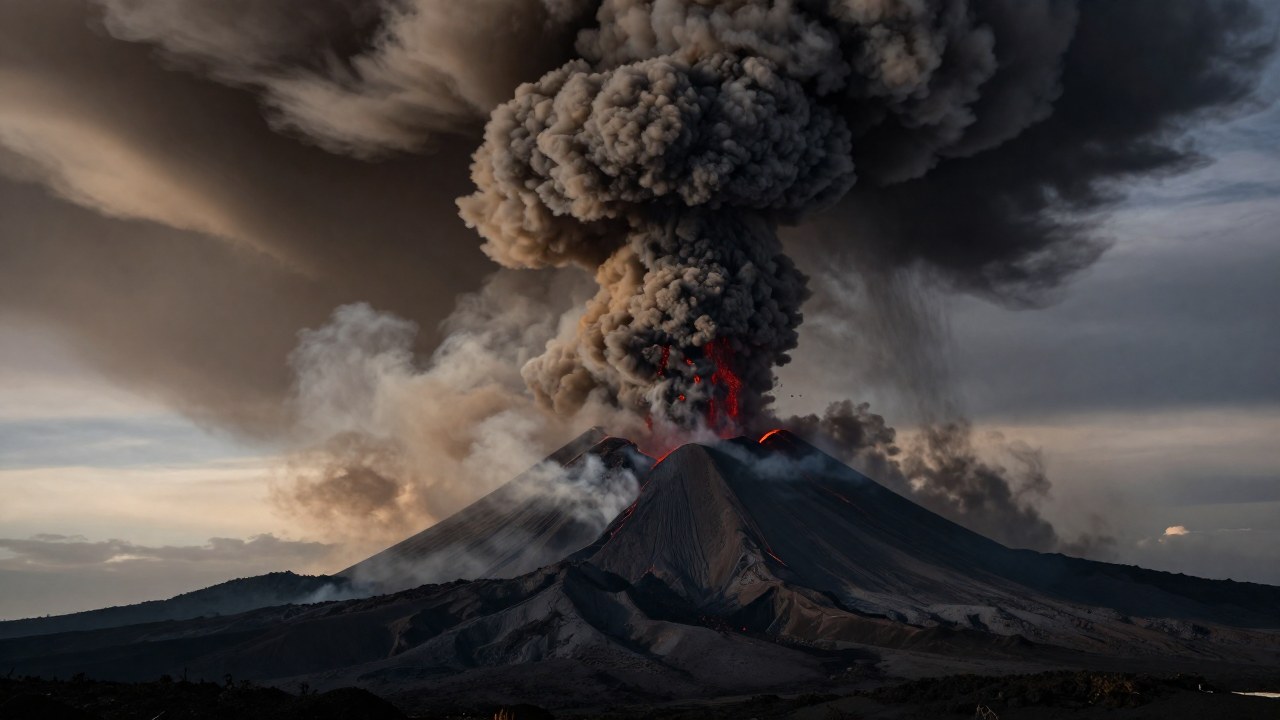 Volcán activo erupcionando violentamente, liberando densas columnas de ceniza y gases sobre un paisaje desolado.