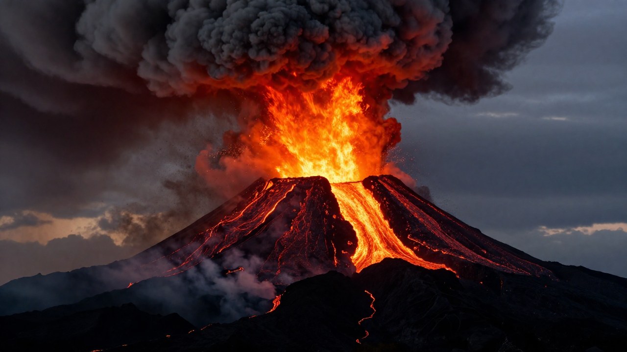 Volcán activo en erupción, mostrando lava fundida fluyendo y densas columnas de ceniza ascendiendo.