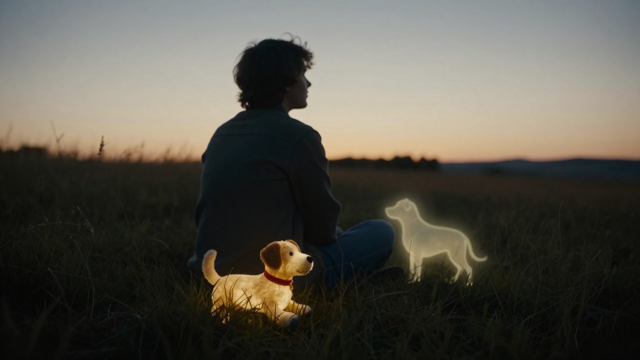 Una persona en un prado contempla un juguete de perro y la aparición sutil de la silueta de un perro.