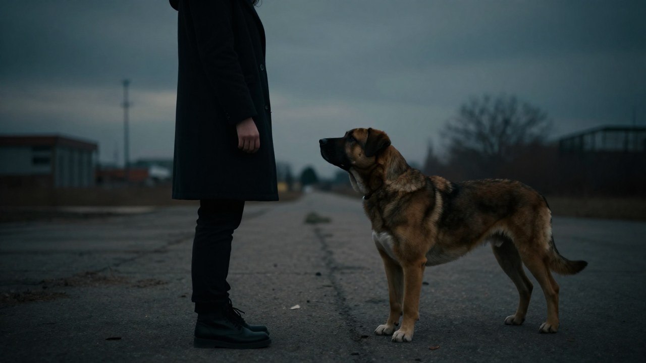 Una persona vulnerable se encuentra en tensión frente a un perro musculoso en un paisaje urbano.
