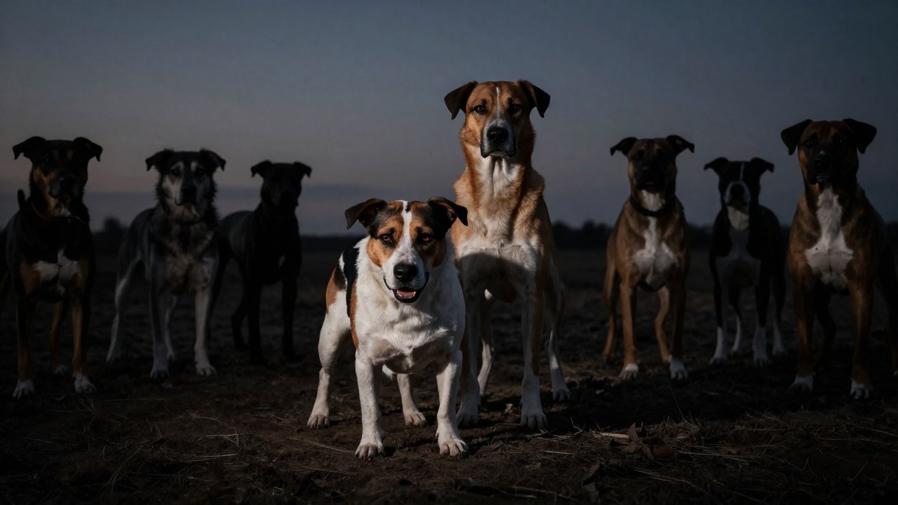 Dos perros en un paisaje desolado muestran tensión: uno vigilante y otro visiblemente aprehensivo.