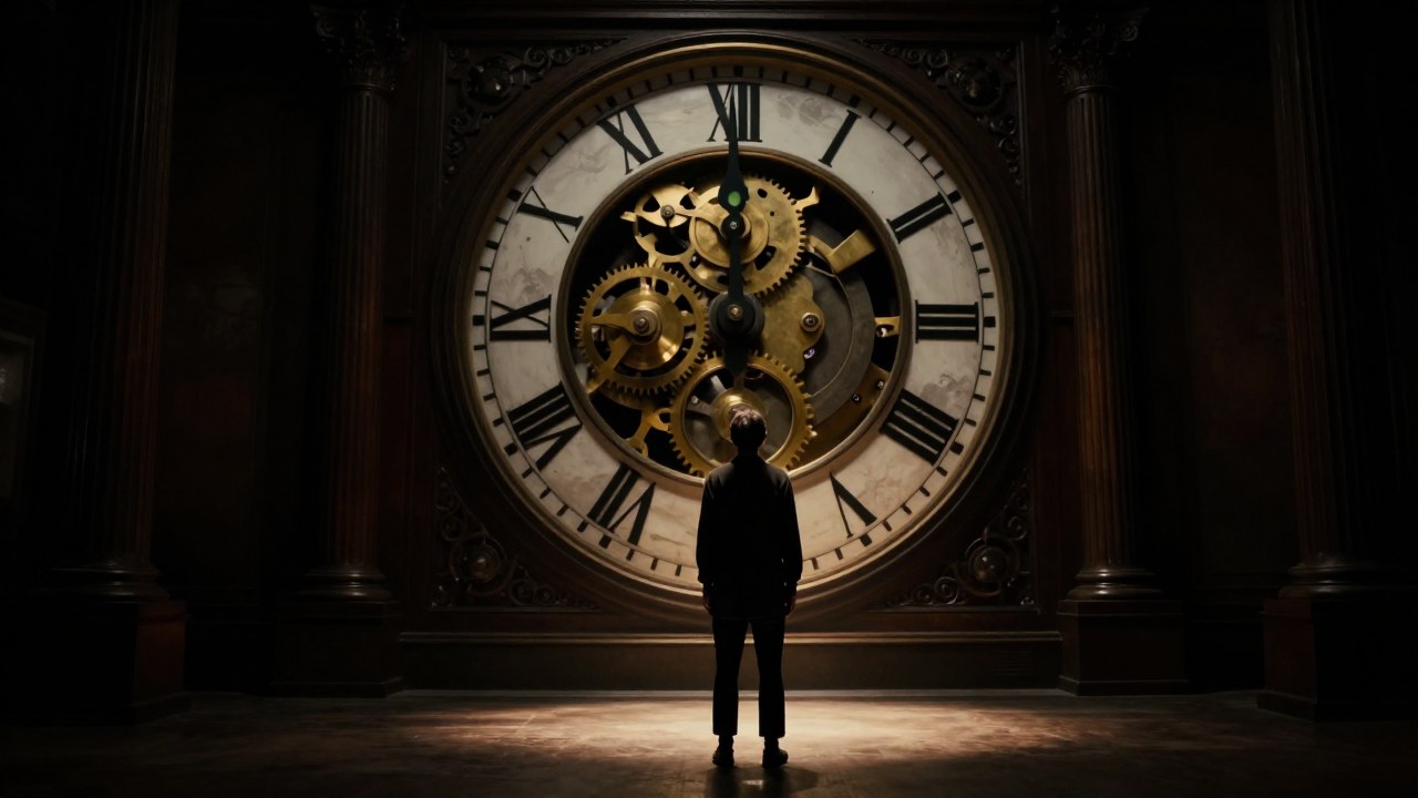 Figura solitaria contemplando la gran maquinaria de un reloj antiguo en un vasto interior.
