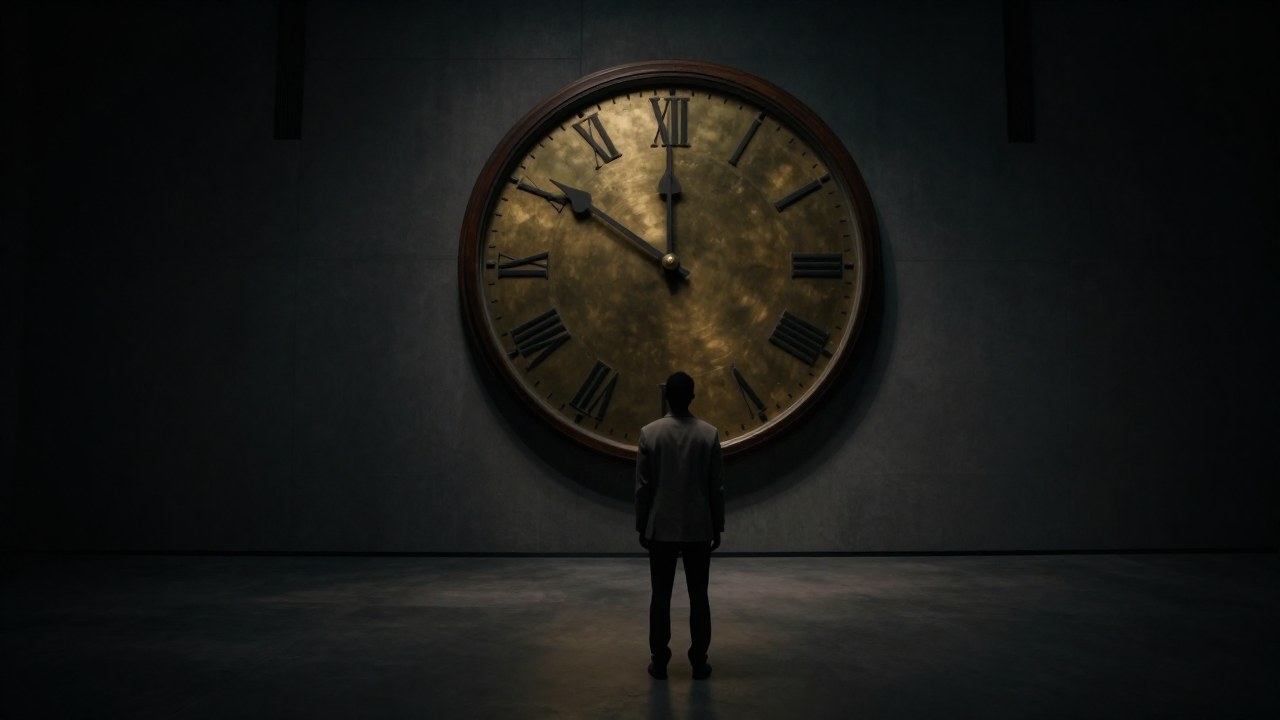 Una persona mira fijamente un reloj de pared antiguo en una habitación arquitectónicamente austera.