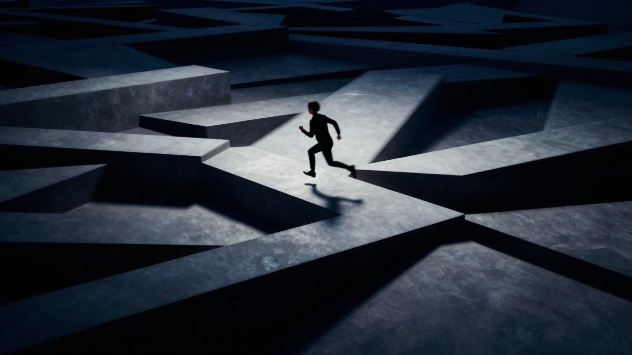 Figura solitaria en movimiento sobre un paisaje abstracto compuesto por plataformas geométricas interconectadas.