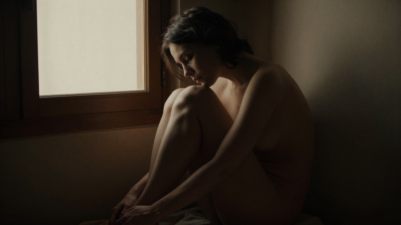 Figura solitaria y contemplativa en un interior doméstico tranquilo y con tonos neutros.