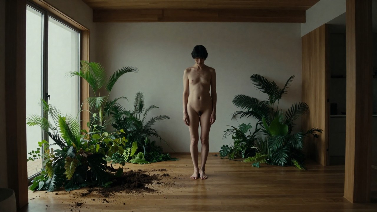 Una figura adulta desnuda se encuentra en una habitación de madera, rodeada de follaje y tierra húmeda.