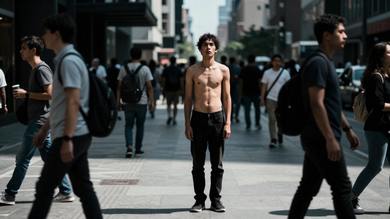 Una figura solitaria se encuentra en medio de una concurrida multitud urbana durante el día.