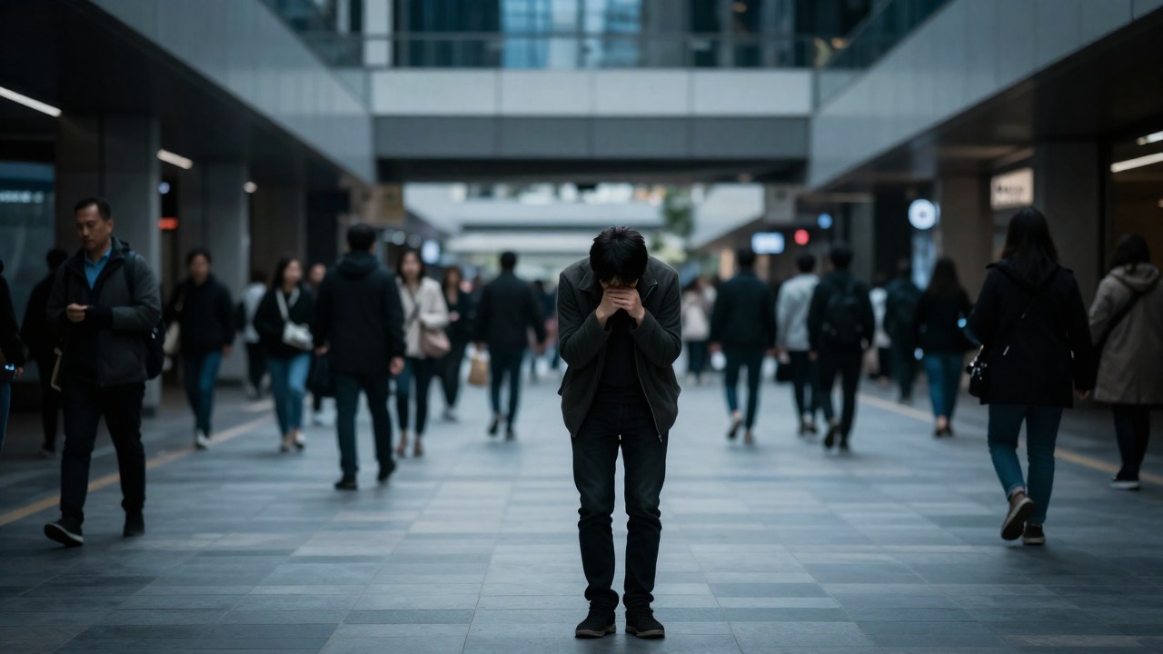 Una persona se mantiene aislada en una plaza urbana concurrida, con una postura de evidente vulnerabilidad.
