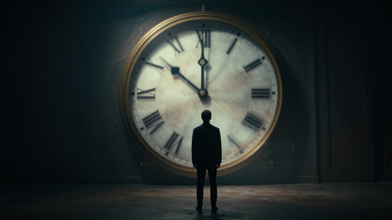 Una figura solitaria observa un reloj antiguo con manecillas deformadas, representando la distorsión temporal.