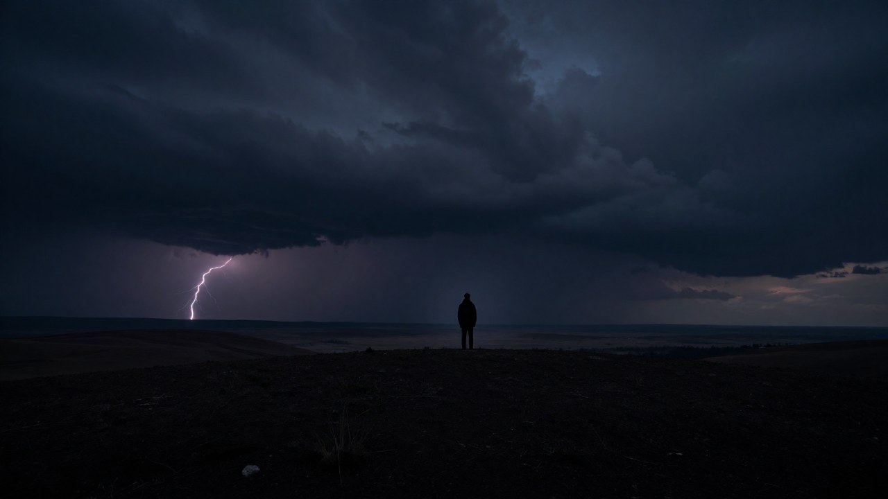 Un sujeto solitario mira una tormenta distante en un vasto y desolado paisaje al atardecer.