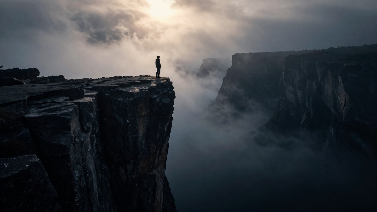 Una figura solitaria se encuentra en el borde de un acantilado, contemplando un vasto abismo cubierto de niebla.