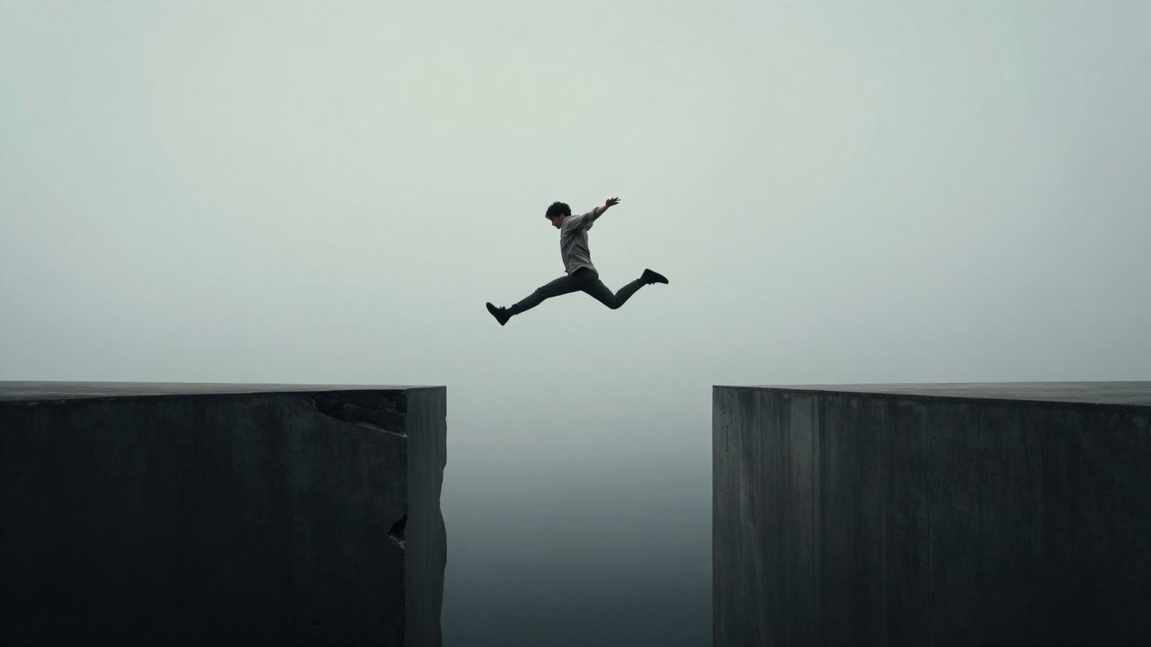 Figura solitaria en pleno salto sobre un vasto y brumoso abismo desde una plataforma elevada.